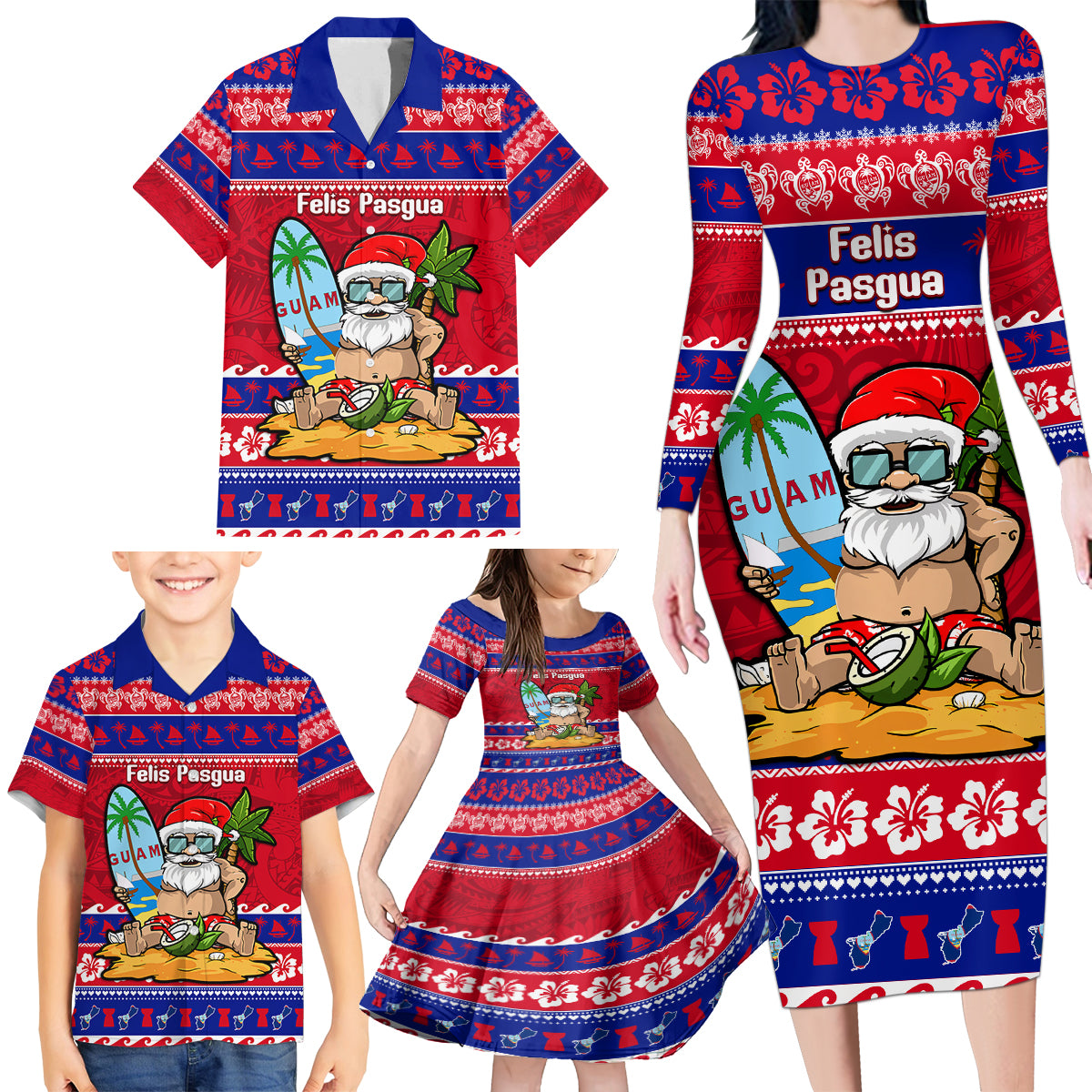 Custom Guam Christmas Family Matching Long Sleeve Bodycon Dress and Hawaiian Shirt Guaman Santas Felis Pasgua - Wonder Print Shop