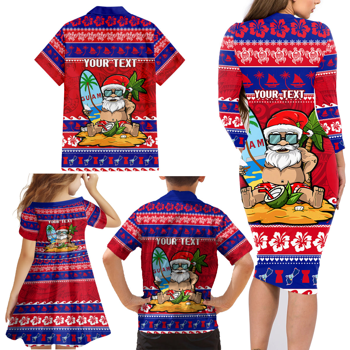Custom Guam Christmas Family Matching Long Sleeve Bodycon Dress and Hawaiian Shirt Guaman Santas Felis Pasgua - Wonder Print Shop
