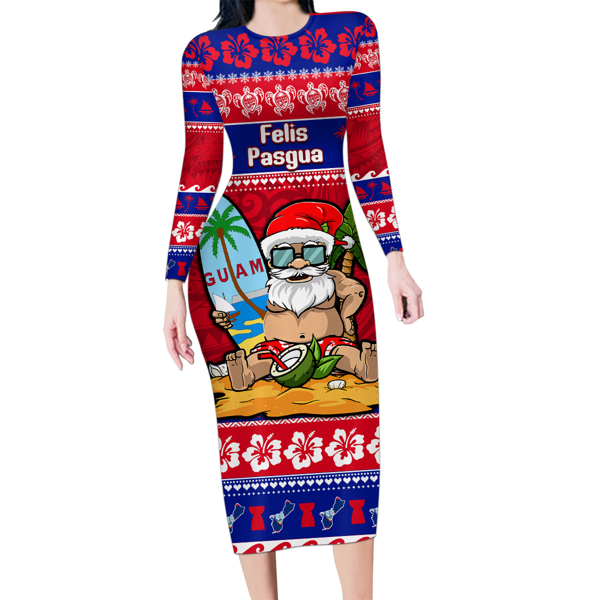 Custom Guam Christmas Family Matching Long Sleeve Bodycon Dress and Hawaiian Shirt Guaman Santas Felis Pasgua - Wonder Print Shop