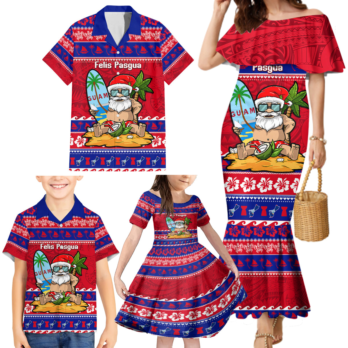 Custom Guam Christmas Family Matching Mermaid Dress and Hawaiian Shirt Guaman Santas Felis Pasgua - Wonder Print Shop
