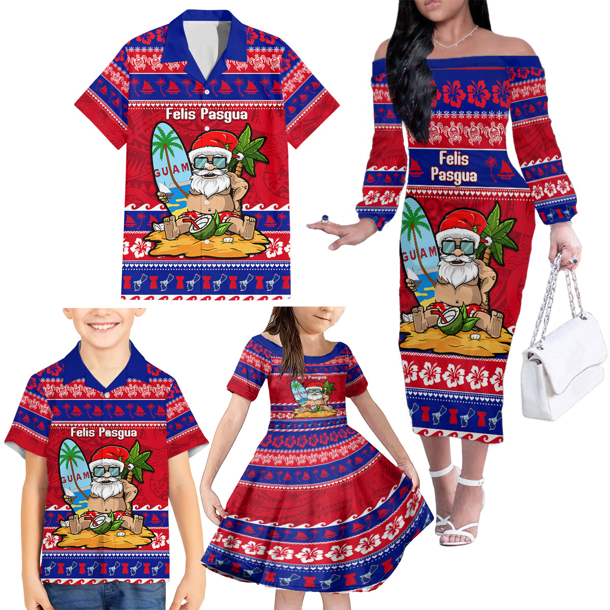 Custom Guam Christmas Family Matching Off Shoulder Long Sleeve Dress and Hawaiian Shirt Guaman Santas Felis Pasgua - Wonder Print Shop