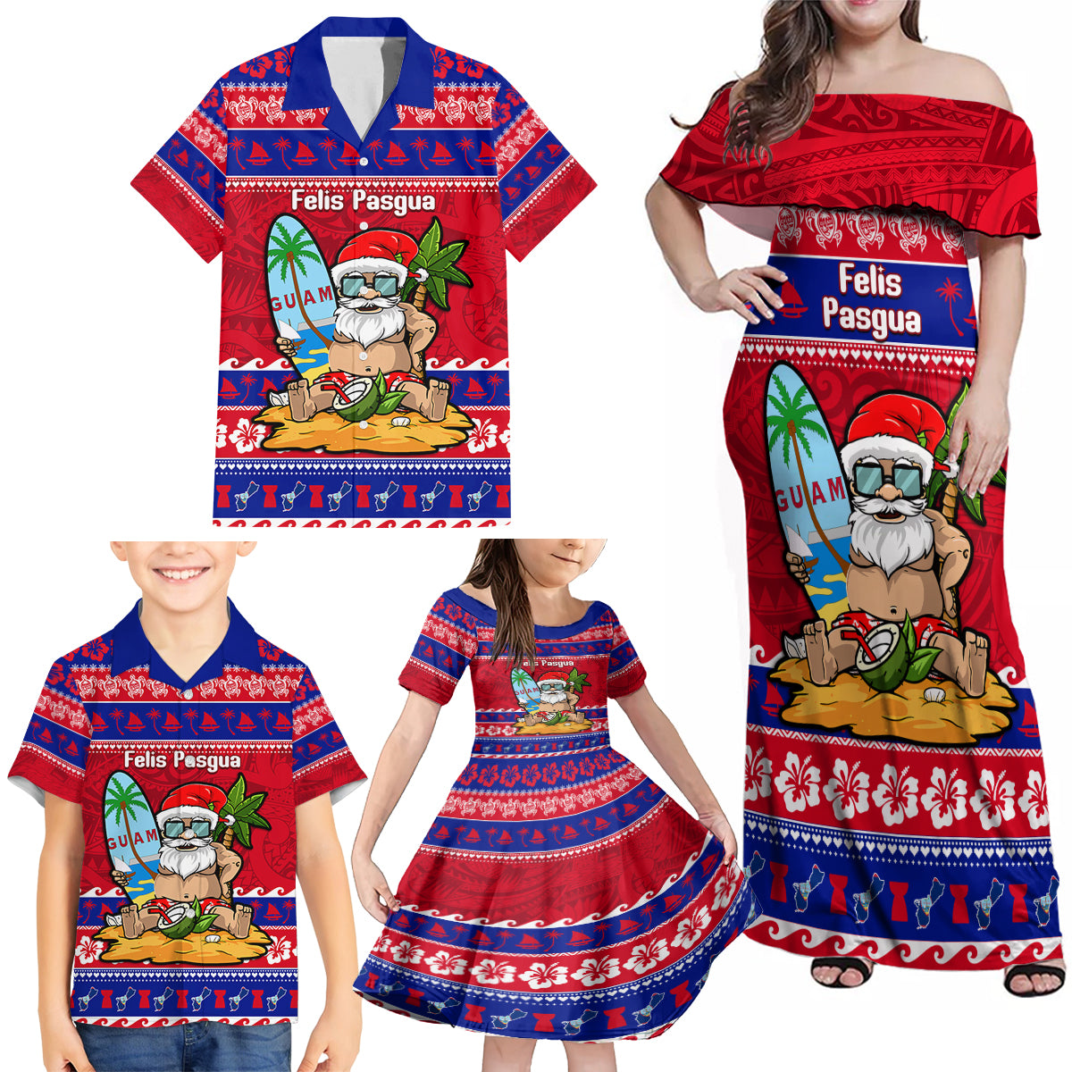 Custom Guam Christmas Family Matching Off Shoulder Maxi Dress and Hawaiian Shirt Guaman Santas Felis Pasgua - Wonder Print Shop