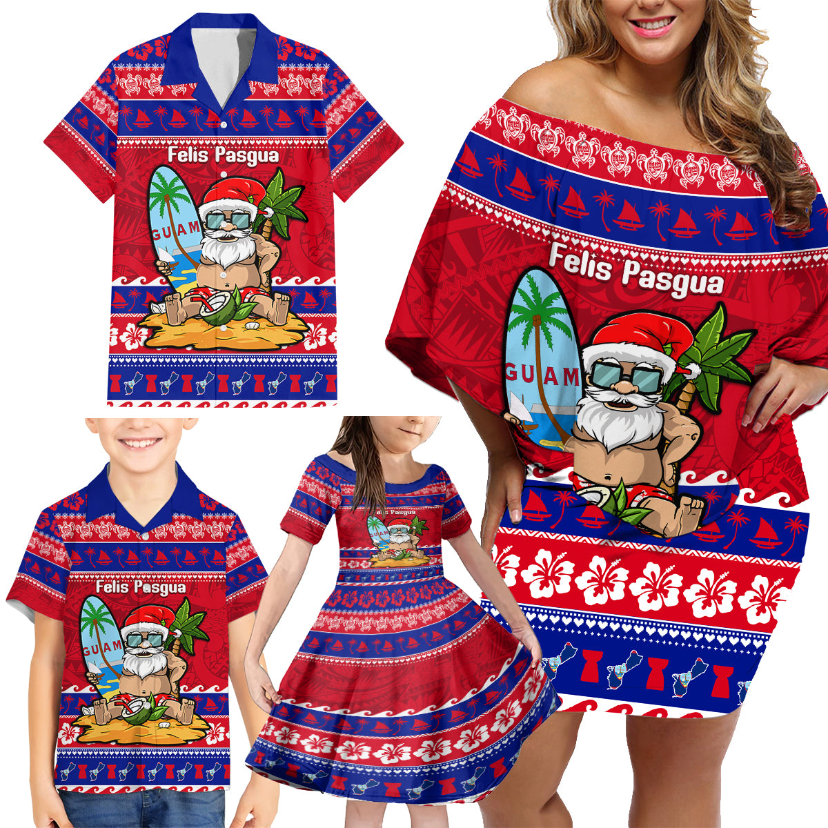 Custom Guam Christmas Family Matching Off Shoulder Short Dress and Hawaiian Shirt Guaman Santas Felis Pasgua - Wonder Print Shop