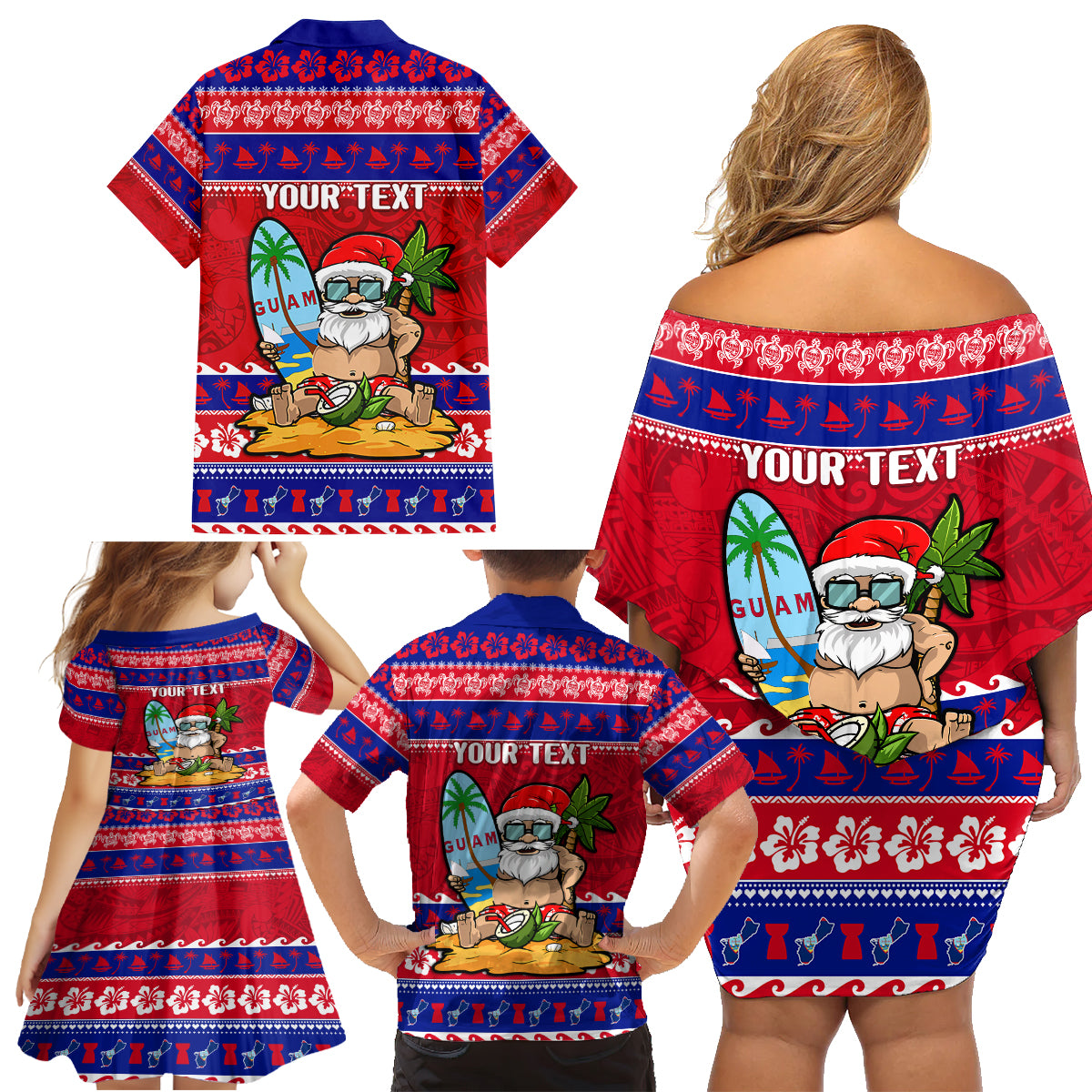 Custom Guam Christmas Family Matching Off Shoulder Short Dress and Hawaiian Shirt Guaman Santas Felis Pasgua - Wonder Print Shop
