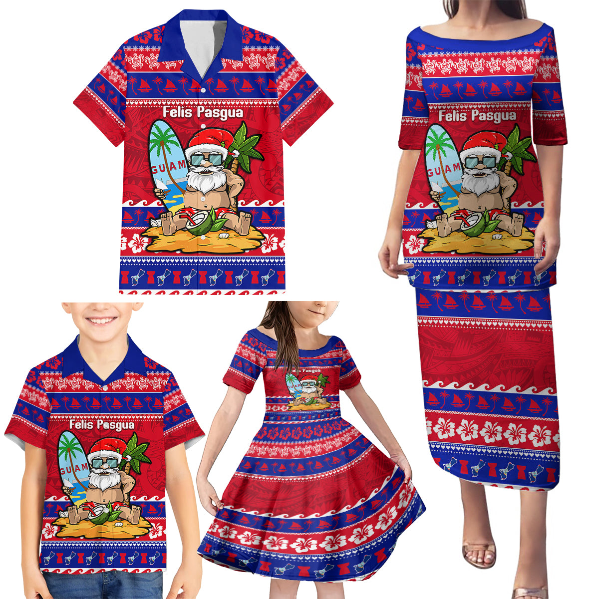 Custom Guam Christmas Family Matching Puletasi Dress and Hawaiian Shirt Guaman Santas Felis Pasgua - Wonder Print Shop