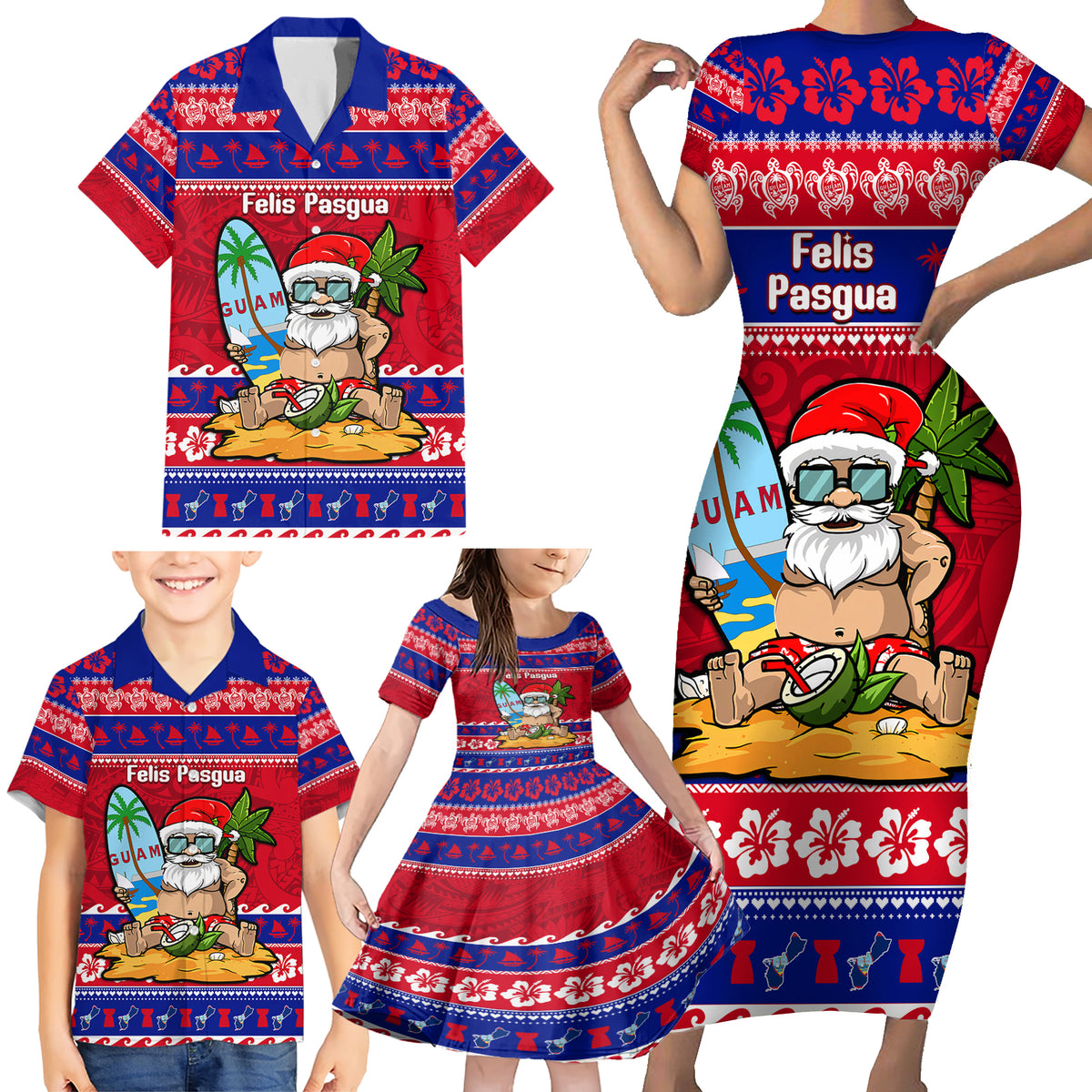 Custom Guam Christmas Family Matching Short Sleeve Bodycon Dress and Hawaiian Shirt Guaman Santas Felis Pasgua - Wonder Print Shop