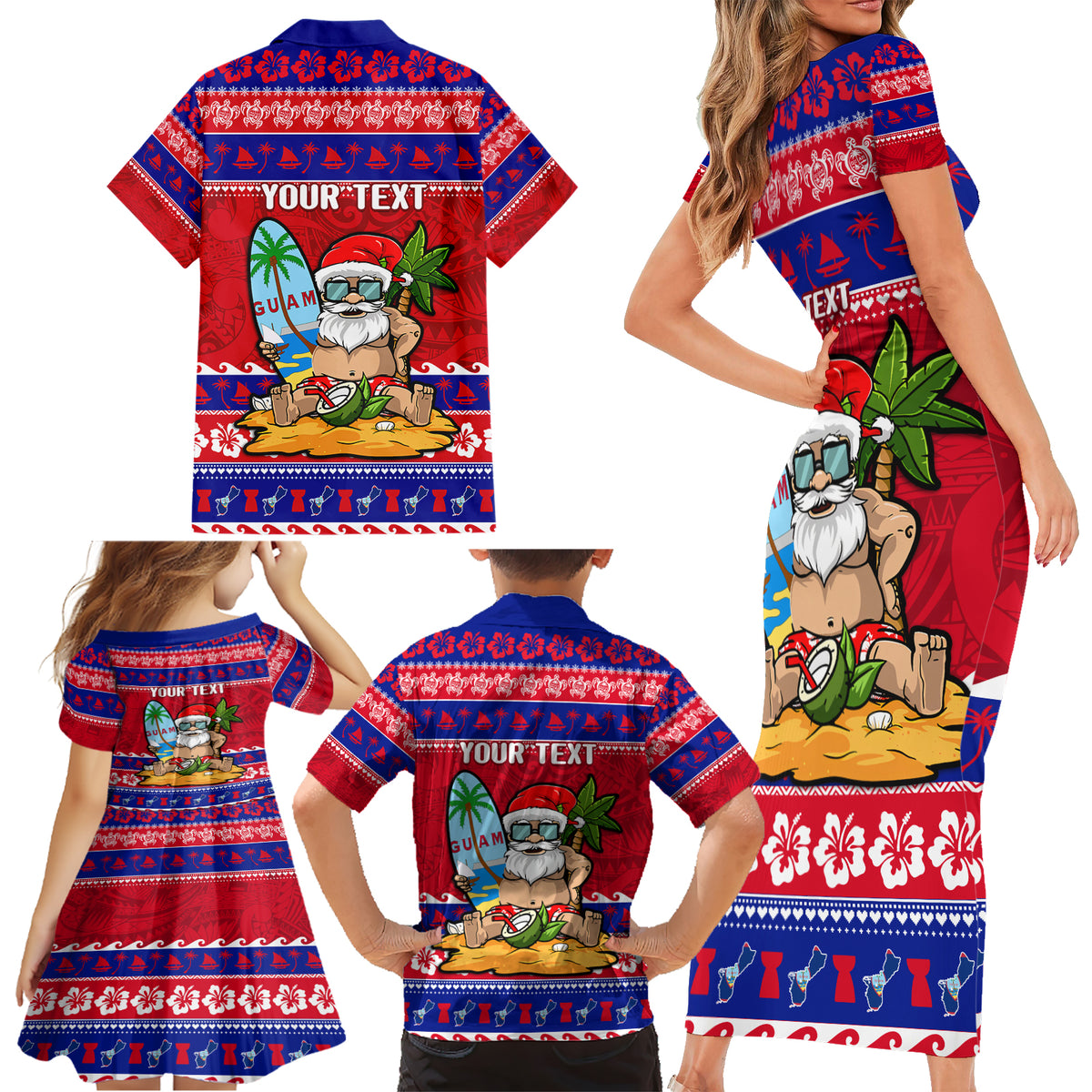 Custom Guam Christmas Family Matching Short Sleeve Bodycon Dress and Hawaiian Shirt Guaman Santas Felis Pasgua - Wonder Print Shop