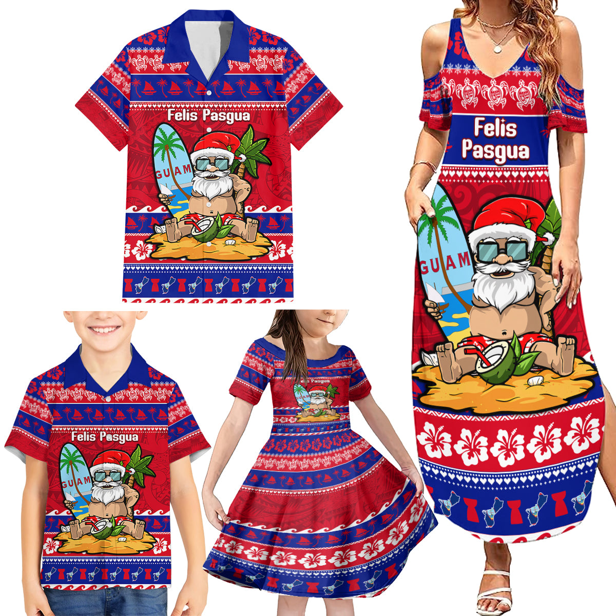 Custom Guam Christmas Family Matching Summer Maxi Dress and Hawaiian Shirt Guaman Santas Felis Pasgua - Wonder Print Shop