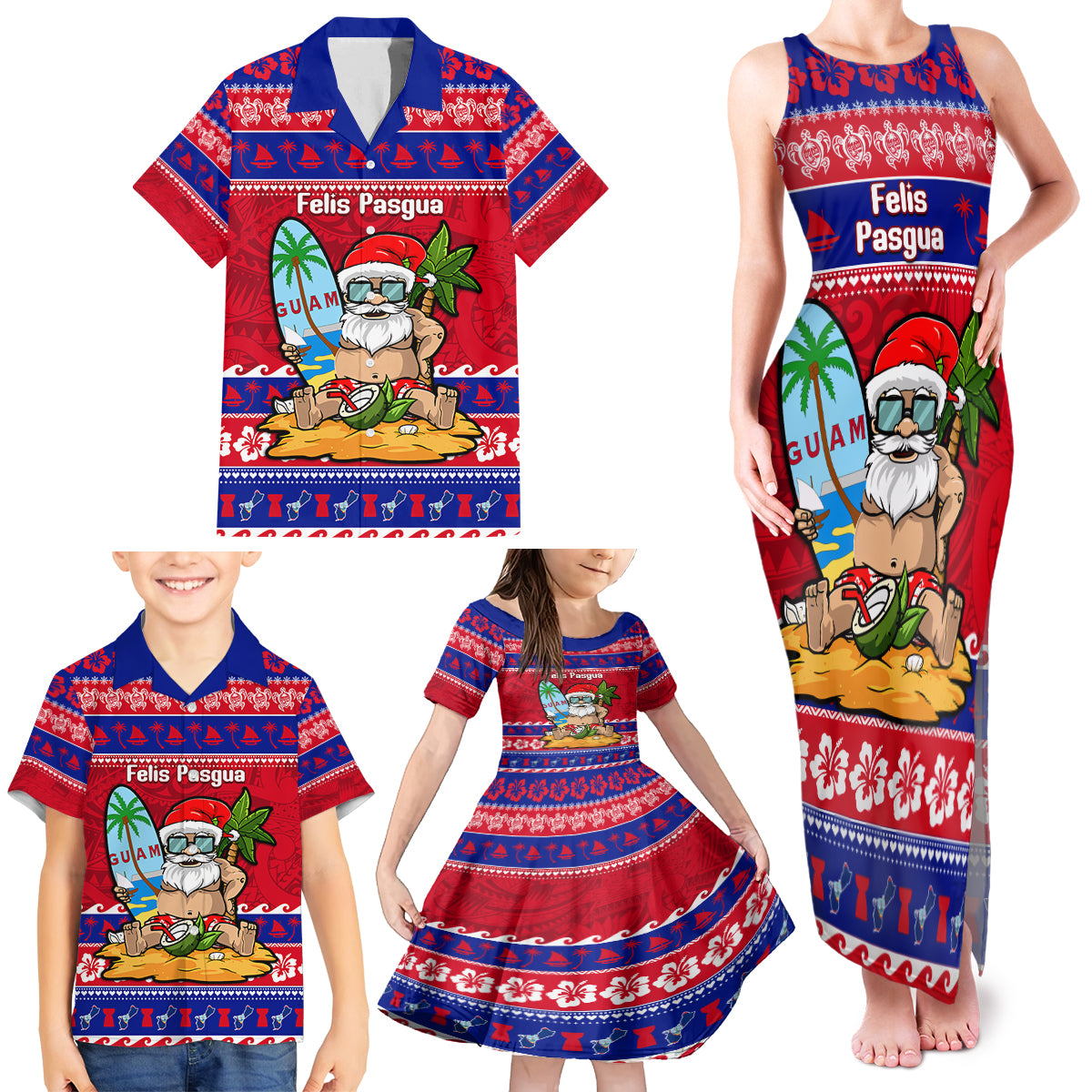 Custom Guam Christmas Family Matching Tank Maxi Dress and Hawaiian Shirt Guaman Santas Felis Pasgua - Wonder Print Shop