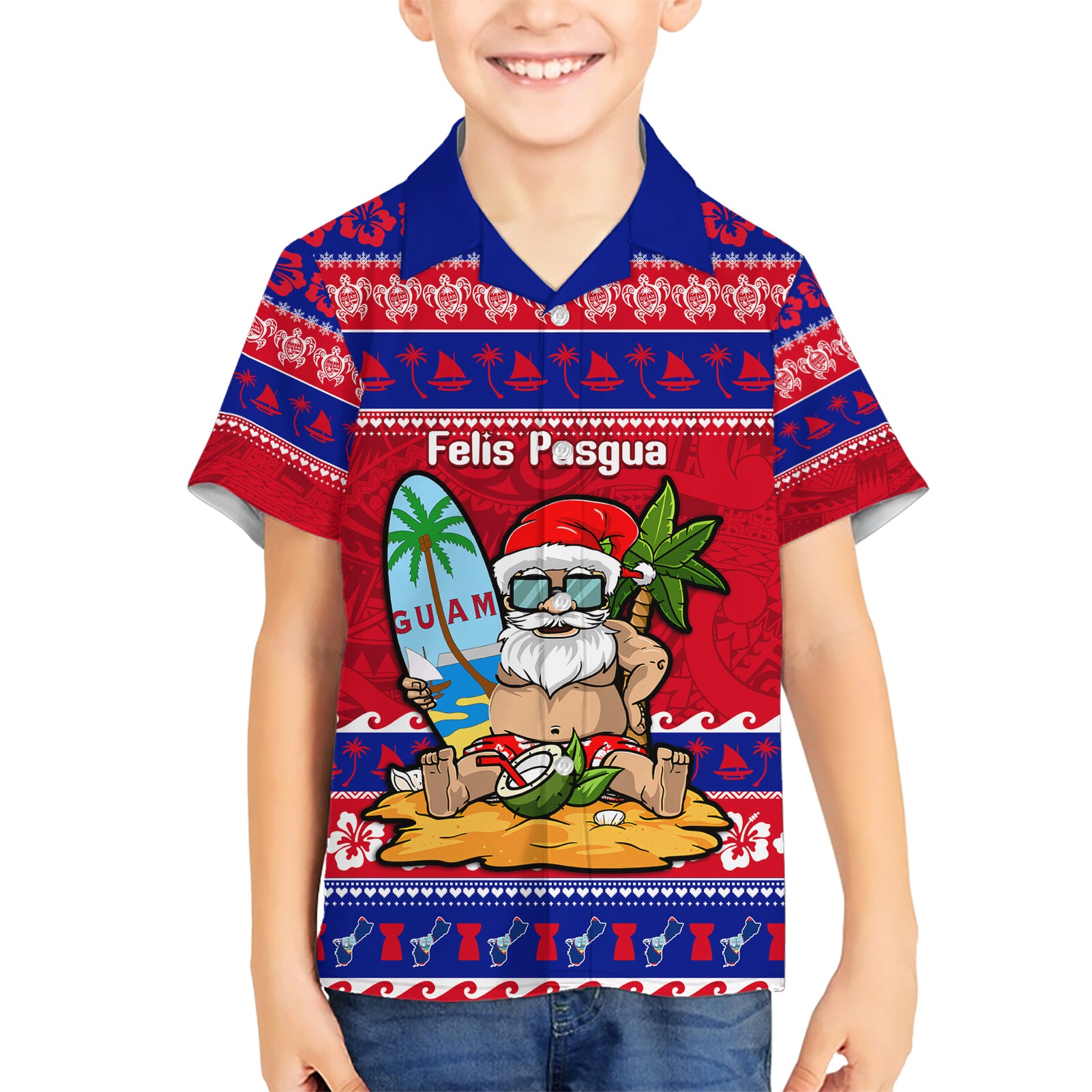 Custom Guam Christmas Kid Hawaiian Shirt Guaman Santas Felis Pasgua - Wonder Print Shop