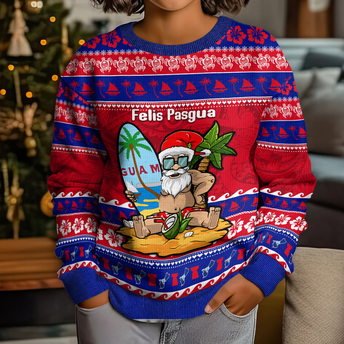 Custom Guam Christmas Kid Ugly Christmas Sweater Guaman Santas Felis Pasgua - Wonder Print Shop