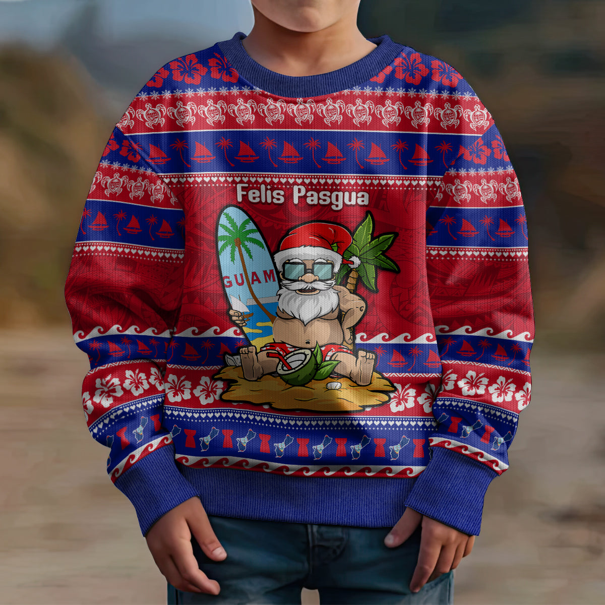 Custom Guam Christmas Kid Ugly Christmas Sweater Guaman Santas Felis Pasgua - Wonder Print Shop