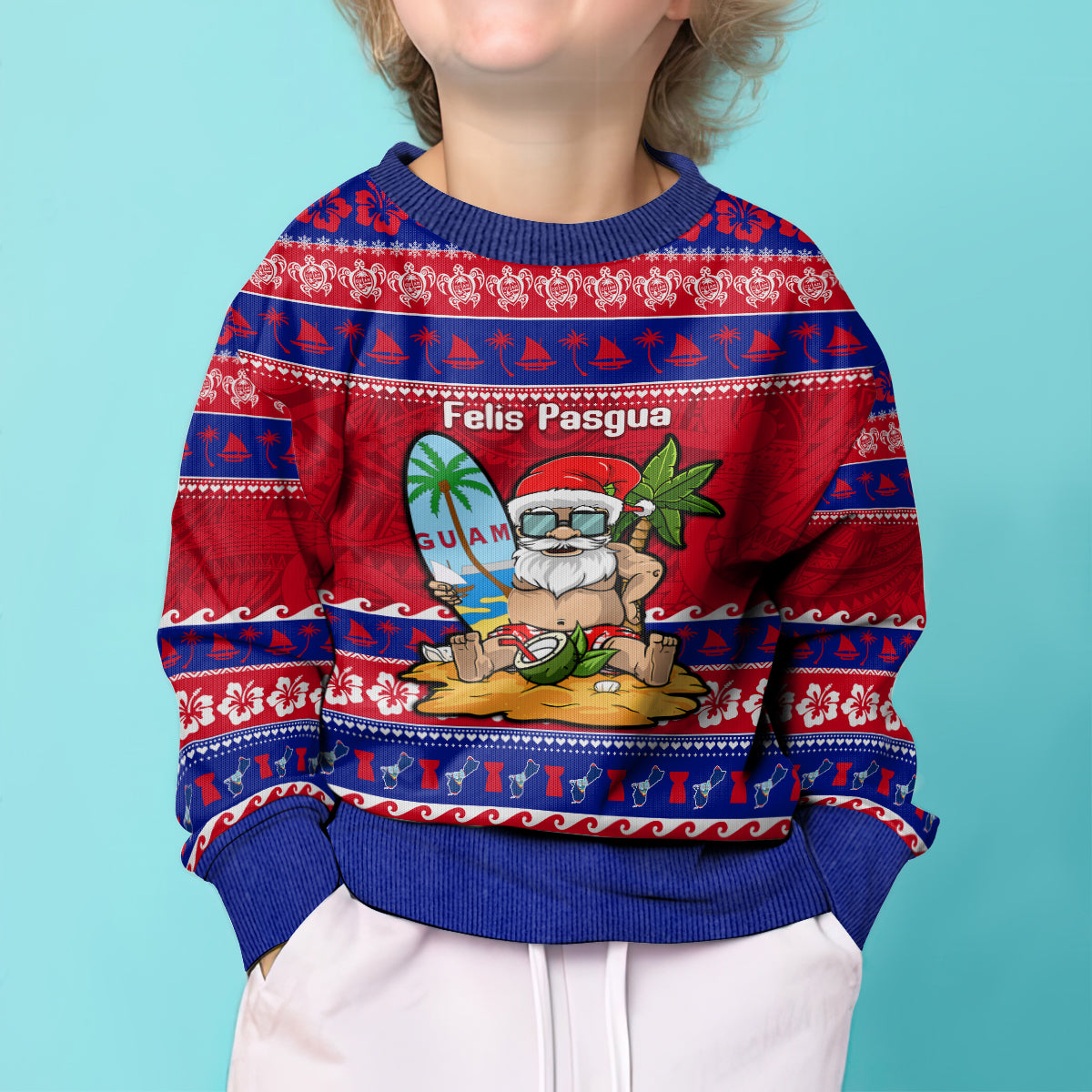 Custom Guam Christmas Kid Ugly Christmas Sweater Guaman Santas Felis Pasgua - Wonder Print Shop