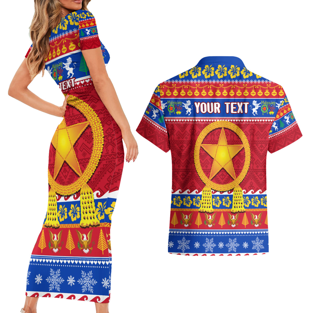 Custom Philippines Christmas Couples Matching Short Sleeve Bodycon Dress and Hawaiian Shirt Filipino Parol Maligayang Pasko - Wonder Print Shop