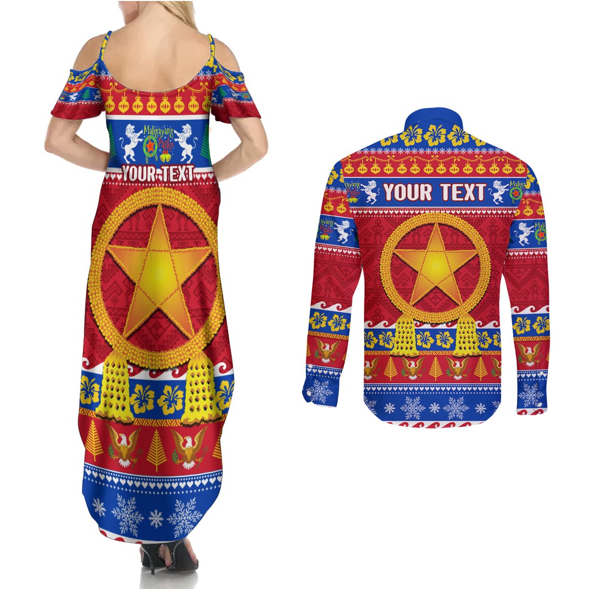 Custom Philippines Christmas Couples Matching Summer Maxi Dress and Long Sleeve Button Shirt Filipino Parol Maligayang Pasko - Wonder Print Shop