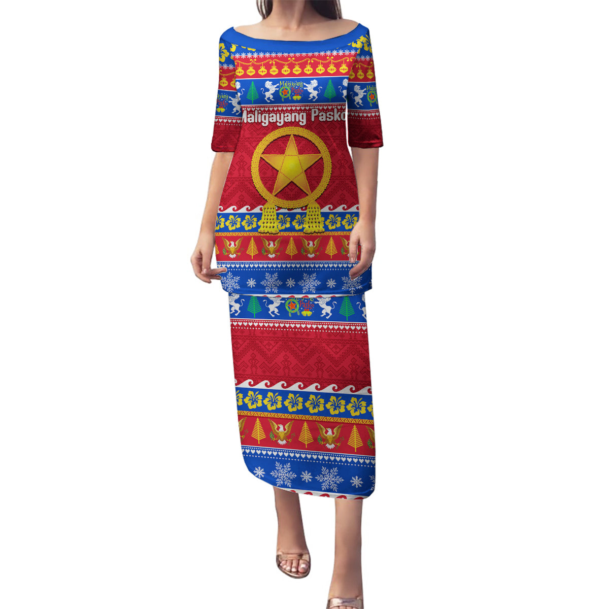 Custom Philippines Christmas Family Matching Puletasi Dress and Hawaiian Shirt Filipino Parol Maligayang Pasko - Wonder Print Shop