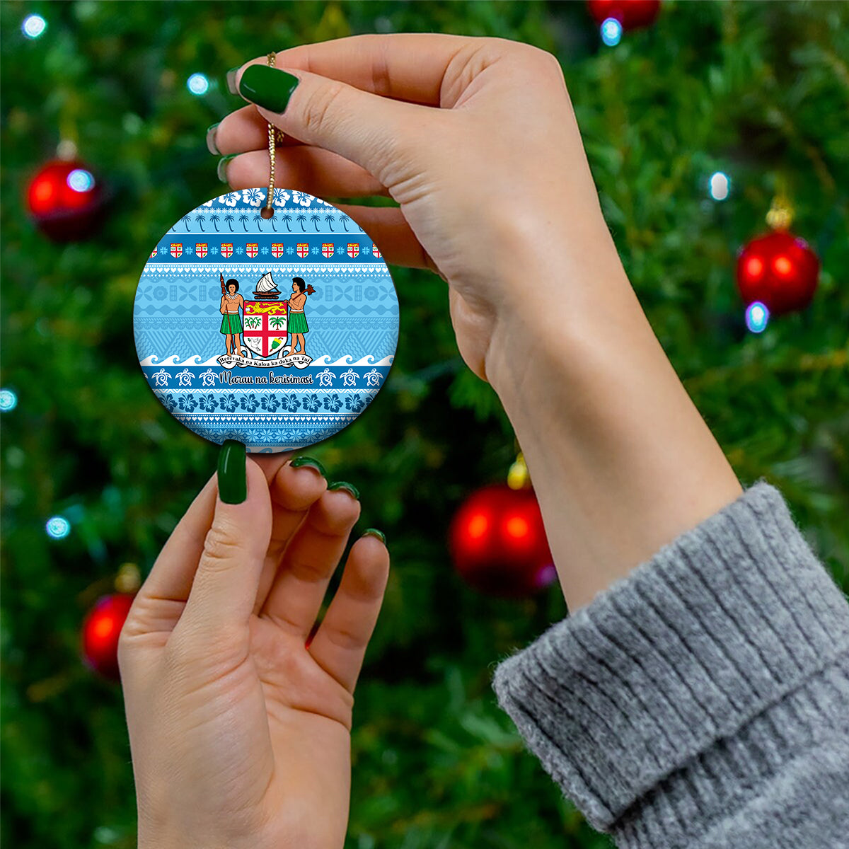 Custom Fiji Christmas Ceramic Ornament Fijian Tapa Marau na Kerisimasi - Wonder Print Shop
