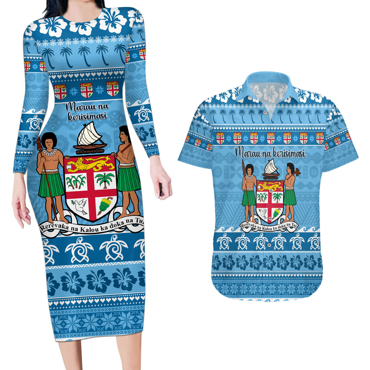 Custom Fiji Christmas Couples Matching Long Sleeve Bodycon Dress and Hawaiian Shirt Fijian Tapa Marau na Kerisimasi - Wonder Print Shop