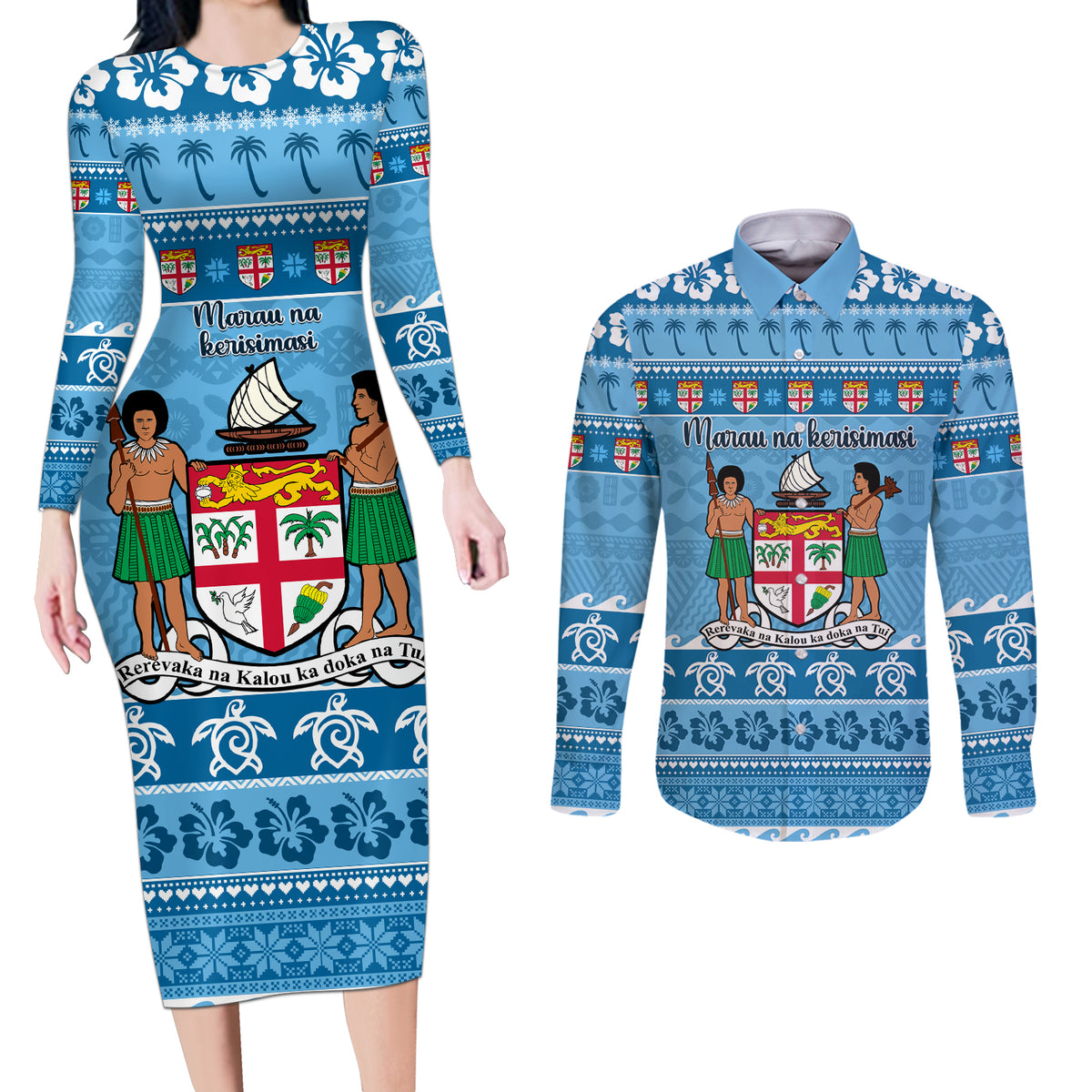Custom Fiji Christmas Couples Matching Long Sleeve Bodycon Dress and Long Sleeve Button Shirt Fijian Tapa Marau na Kerisimasi - Wonder Print Shop