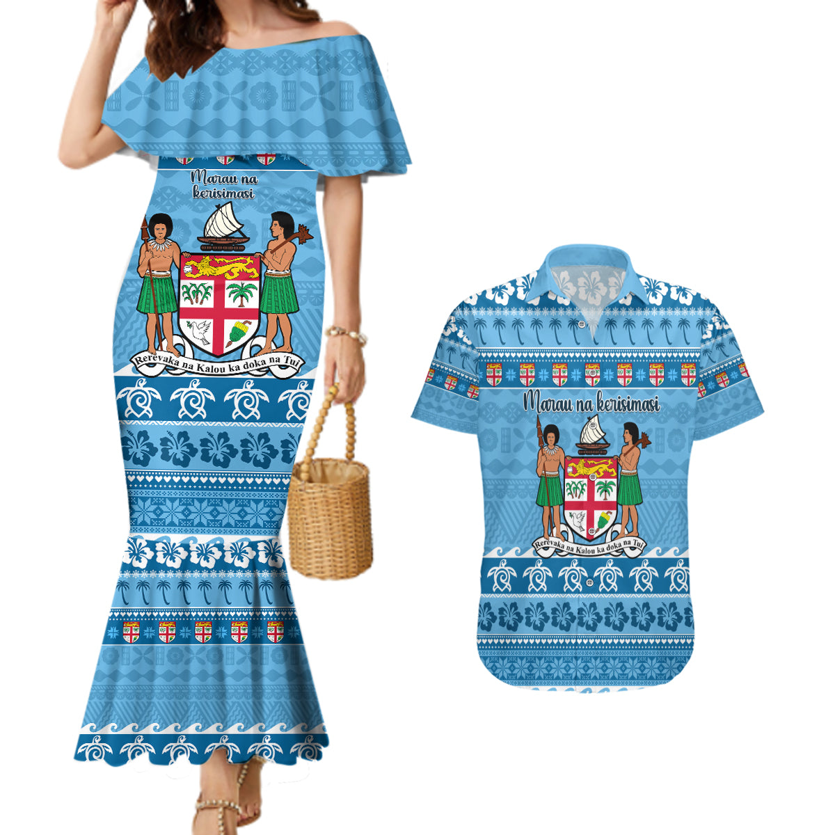 Custom Fiji Christmas Couples Matching Mermaid Dress and Hawaiian Shirt Fijian Tapa Marau na Kerisimasi - Wonder Print Shop