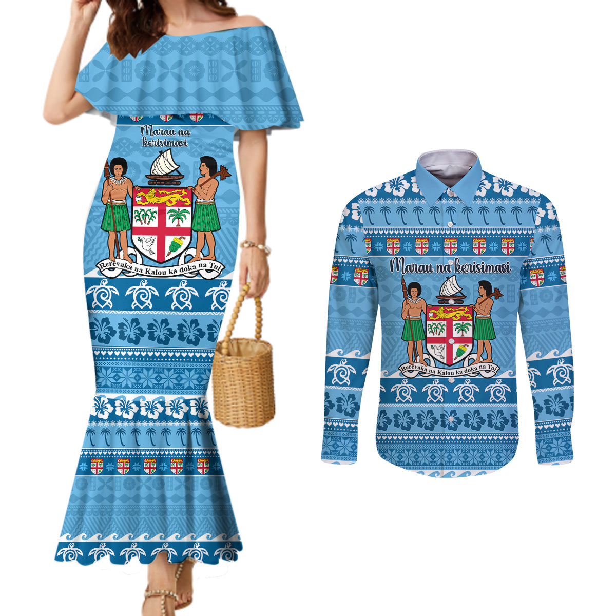 custom-fiji-christmas-couples-matching-mermaid-dress-and-long-sleeve-button-shirt-fijian-tapa-marau-na-kerisimasi