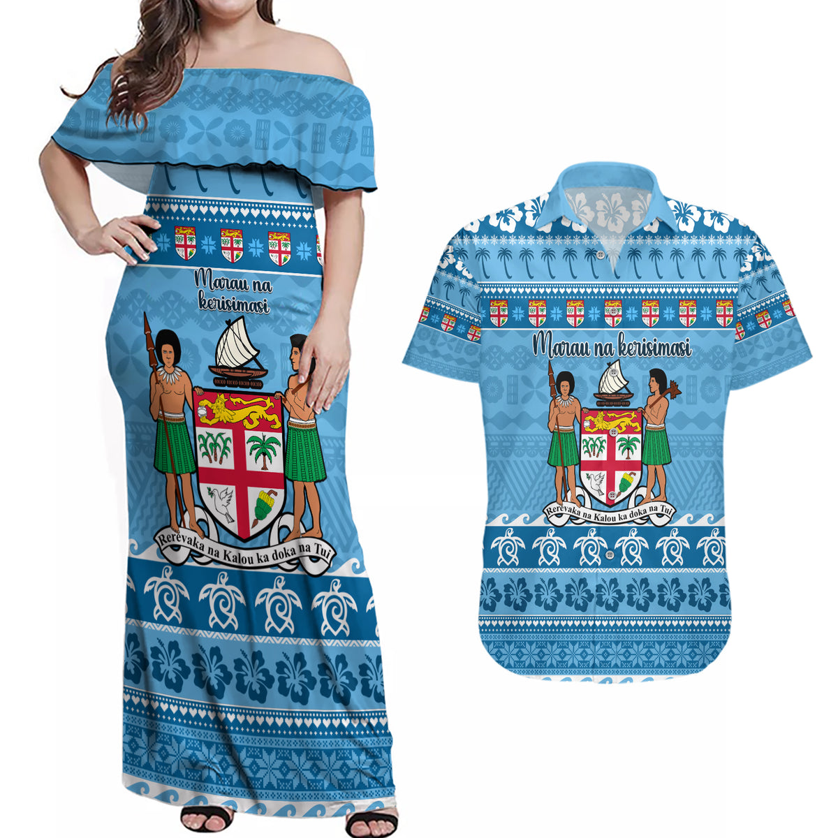 Custom Fiji Christmas Couples Matching Off Shoulder Maxi Dress and Hawaiian Shirt Fijian Tapa Marau na Kerisimasi - Wonder Print Shop