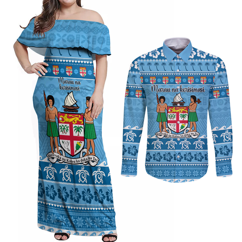 Custom Fiji Christmas Couples Matching Off Shoulder Maxi Dress and Long Sleeve Button Shirt Fijian Tapa Marau na Kerisimasi - Wonder Print Shop