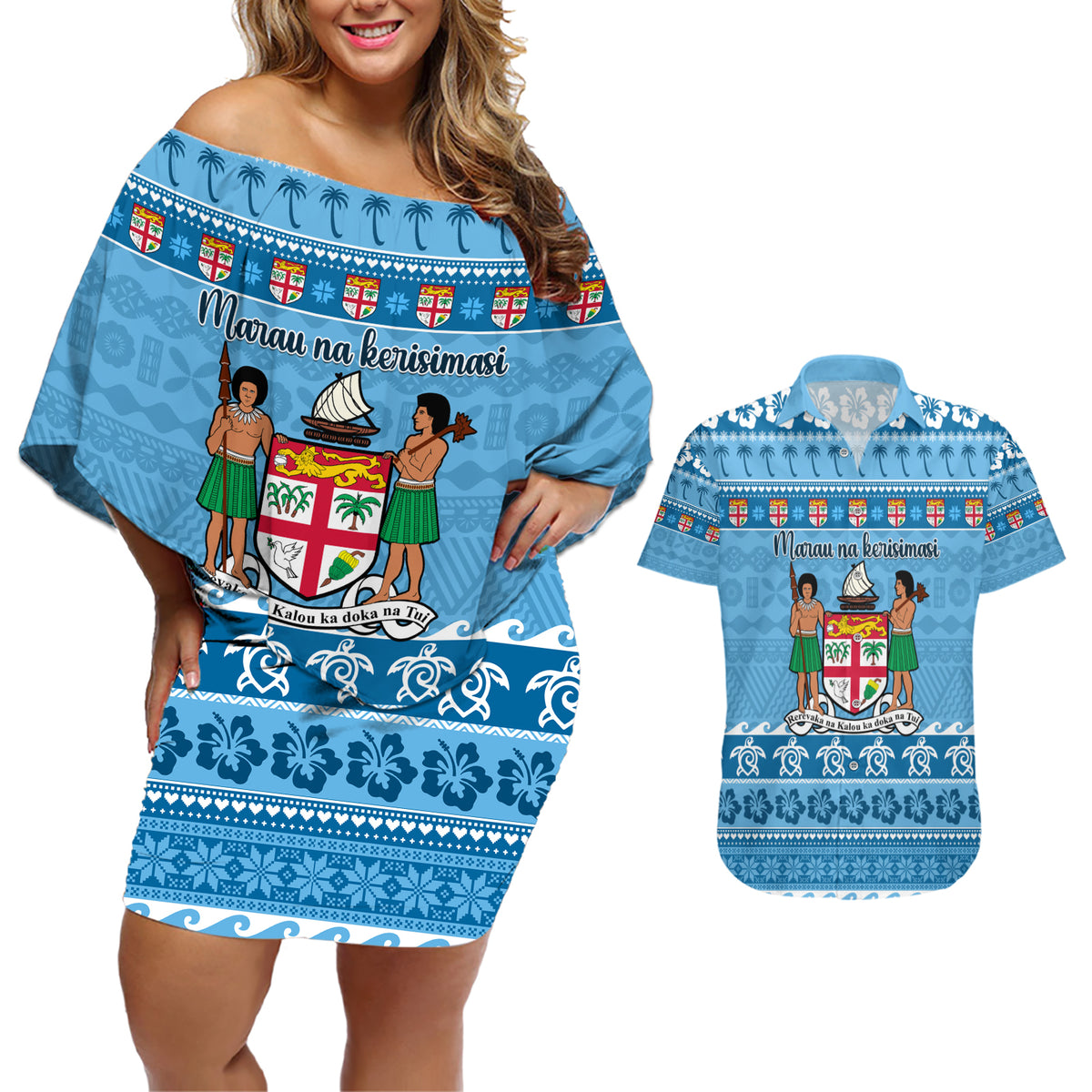 Custom Fiji Christmas Couples Matching Off Shoulder Short Dress and Hawaiian Shirt Fijian Tapa Marau na Kerisimasi - Wonder Print Shop