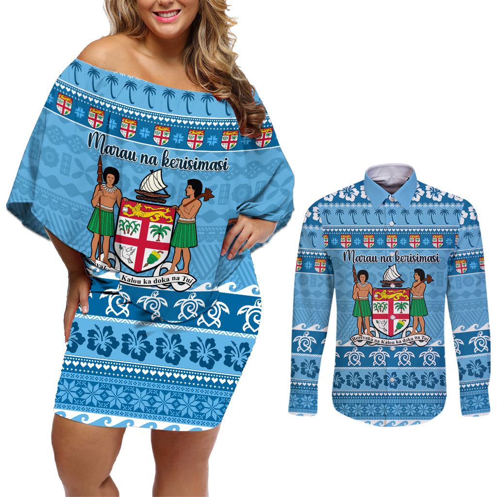 Custom Fiji Christmas Couples Matching Off Shoulder Short Dress and Long Sleeve Button Shirt Fijian Tapa Marau na Kerisimasi - Wonder Print Shop