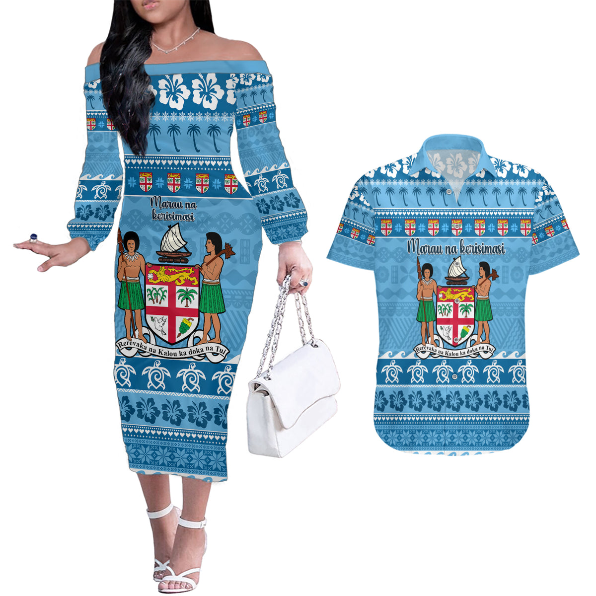 Custom Fiji Christmas Couples Matching Off The Shoulder Long Sleeve Dress and Hawaiian Shirt Fijian Tapa Marau na Kerisimasi - Wonder Print Shop