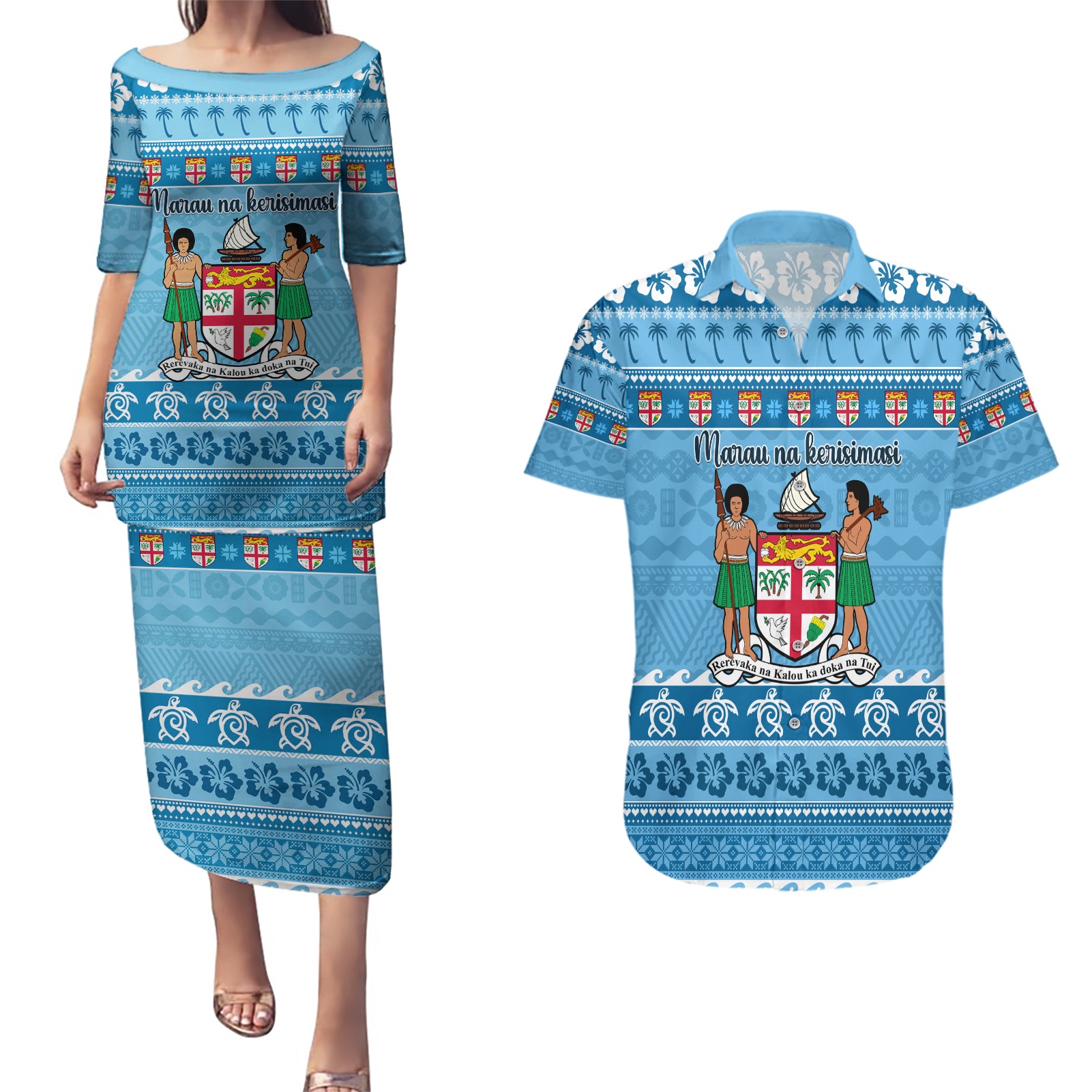 Custom Fiji Christmas Couples Matching Puletasi Dress and Hawaiian Shirt Fijian Tapa Marau na Kerisimasi - Wonder Print Shop