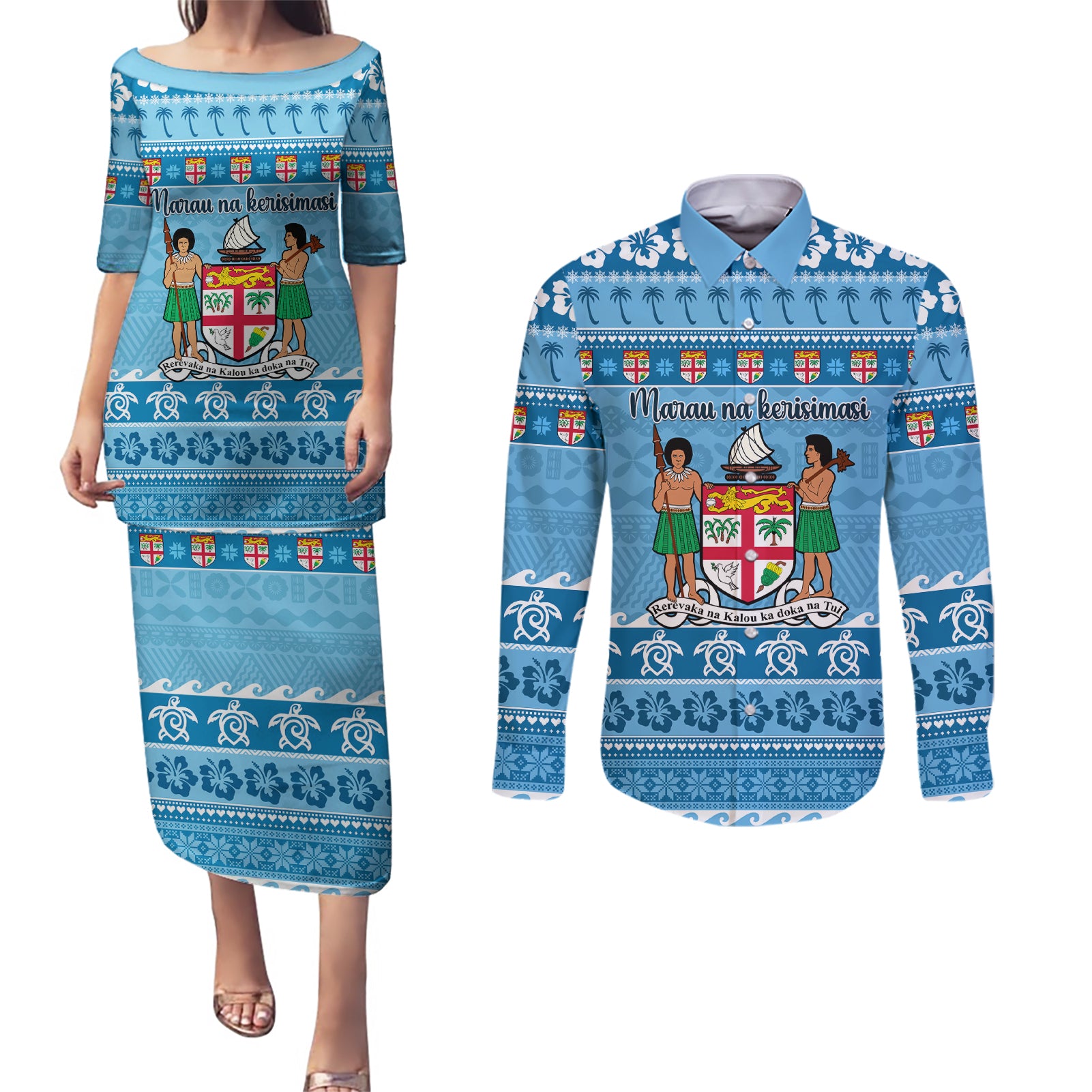 Custom Fiji Christmas Couples Matching Puletasi Dress and Long Sleeve Button Shirt Fijian Tapa Marau na Kerisimasi - Wonder Print Shop