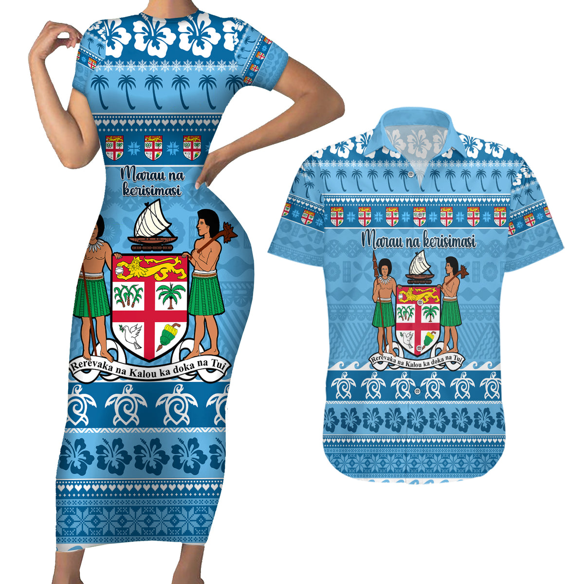 Custom Fiji Christmas Couples Matching Short Sleeve Bodycon Dress and Hawaiian Shirt Fijian Tapa Marau na Kerisimasi - Wonder Print Shop