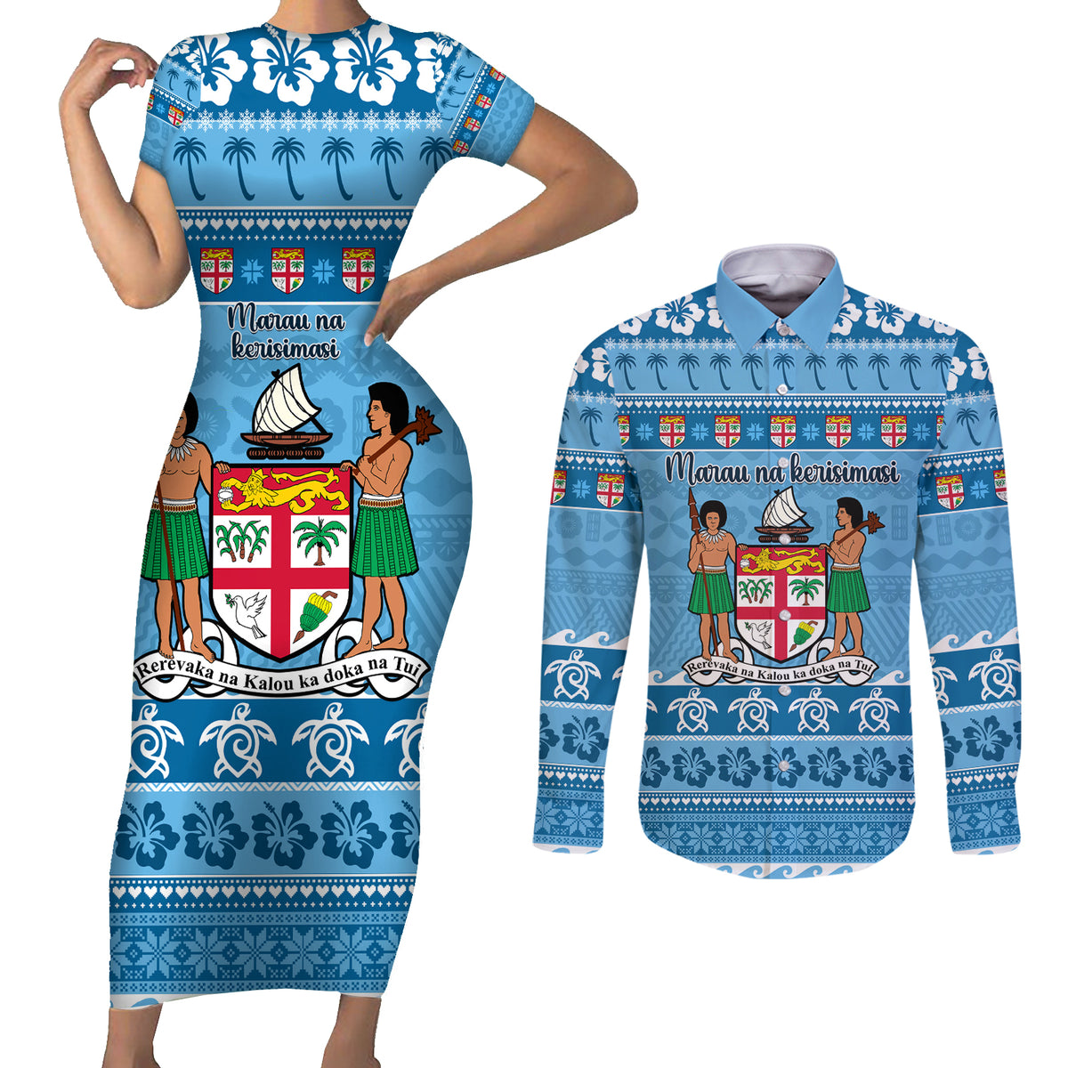 Custom Fiji Christmas Couples Matching Short Sleeve Bodycon Dress and Long Sleeve Button Shirt Fijian Tapa Marau na Kerisimasi - Wonder Print Shop