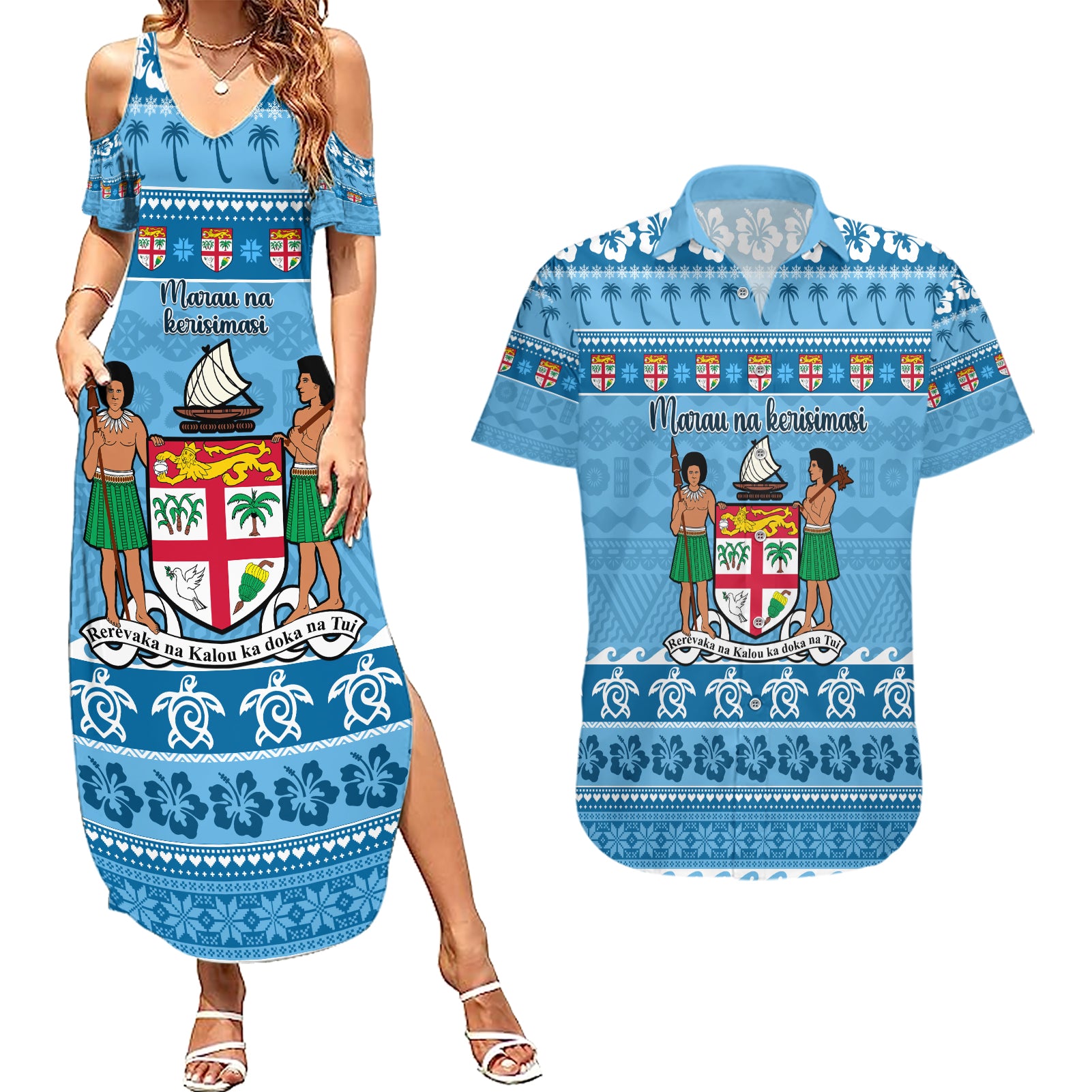 Custom Fiji Christmas Couples Matching Summer Maxi Dress and Hawaiian Shirt Fijian Tapa Marau na Kerisimasi - Wonder Print Shop