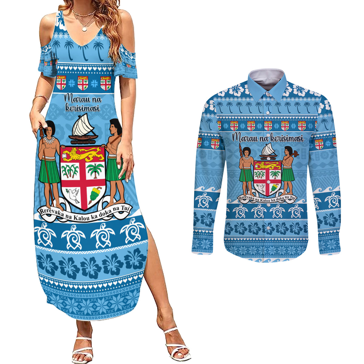 Custom Fiji Christmas Couples Matching Summer Maxi Dress and Long Sleeve Button Shirt Fijian Tapa Marau na Kerisimasi - Wonder Print Shop