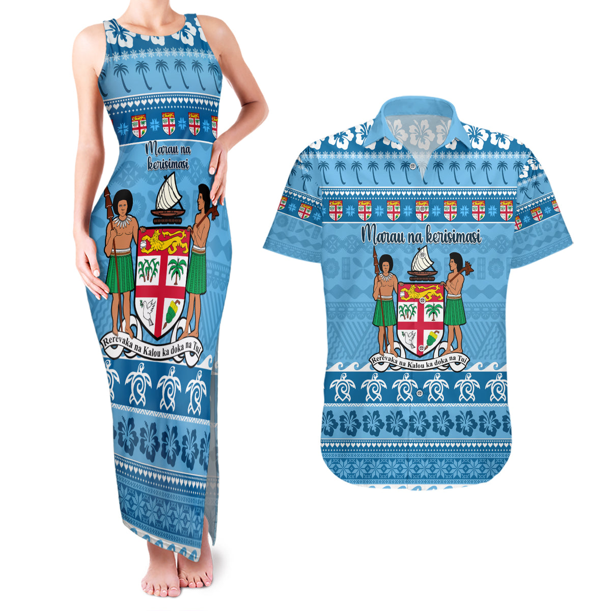 Custom Fiji Christmas Couples Matching Tank Maxi Dress and Hawaiian Shirt Fijian Tapa Marau na Kerisimasi - Wonder Print Shop