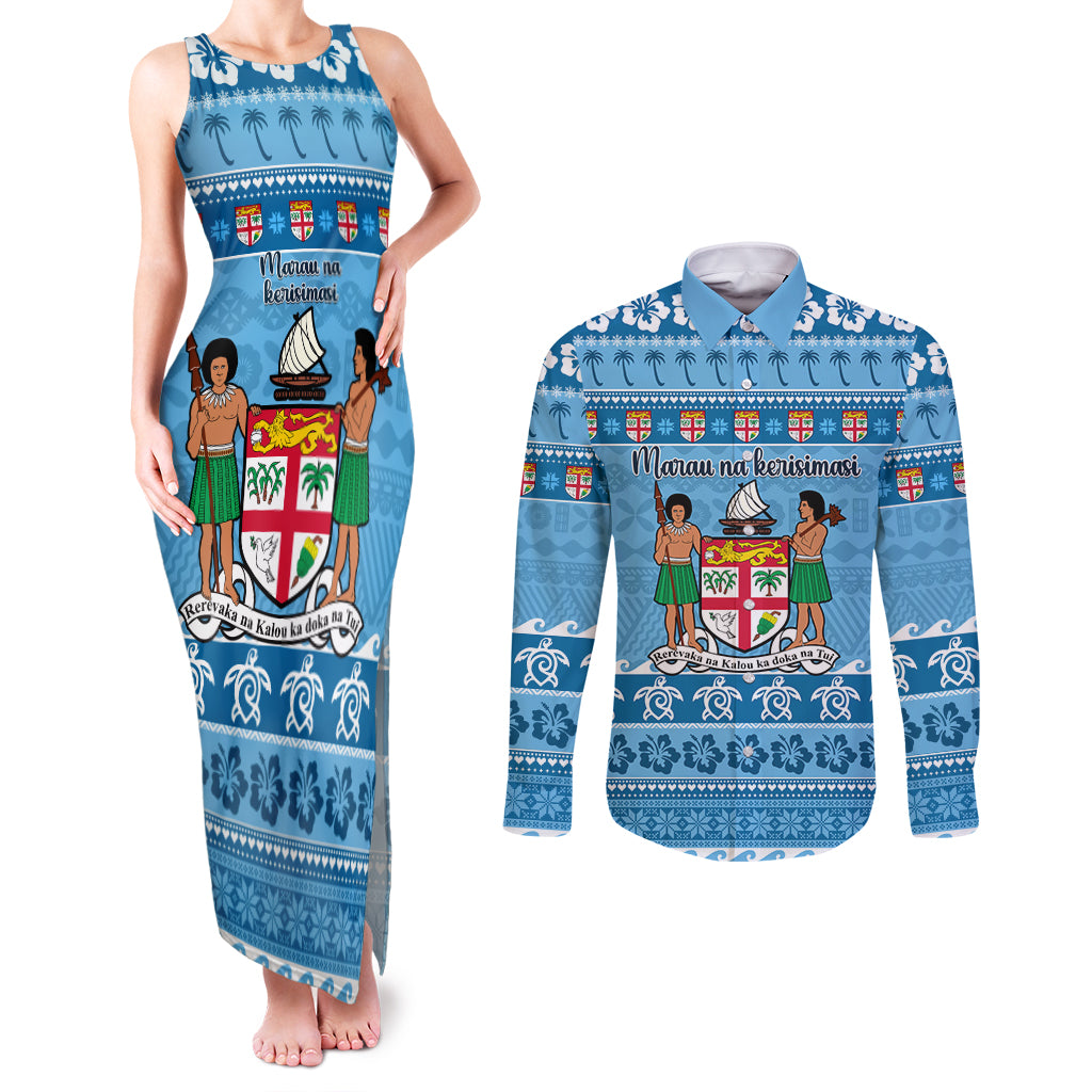 Custom Fiji Christmas Couples Matching Tank Maxi Dress and Long Sleeve Button Shirt Fijian Tapa Marau na Kerisimasi - Wonder Print Shop