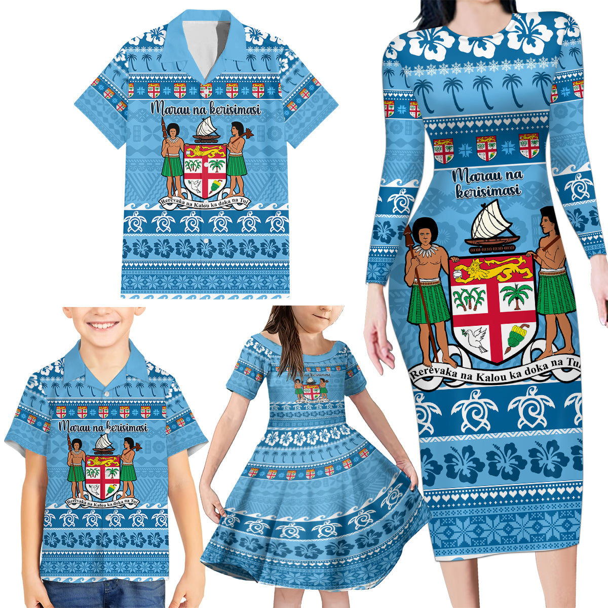 Custom Fiji Christmas Family Matching Long Sleeve Bodycon Dress and Hawaiian Shirt Fijian Tapa Marau na Kerisimasi - Wonder Print Shop