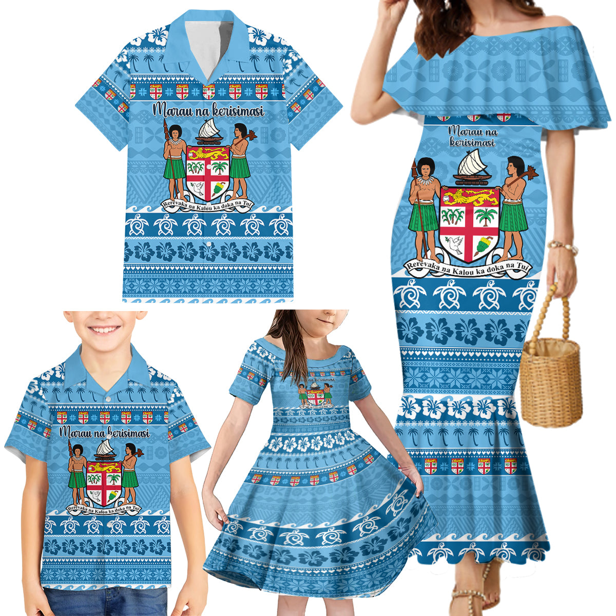 Custom Fiji Christmas Family Matching Mermaid Dress and Hawaiian Shirt Fijian Tapa Marau na Kerisimasi - Wonder Print Shop