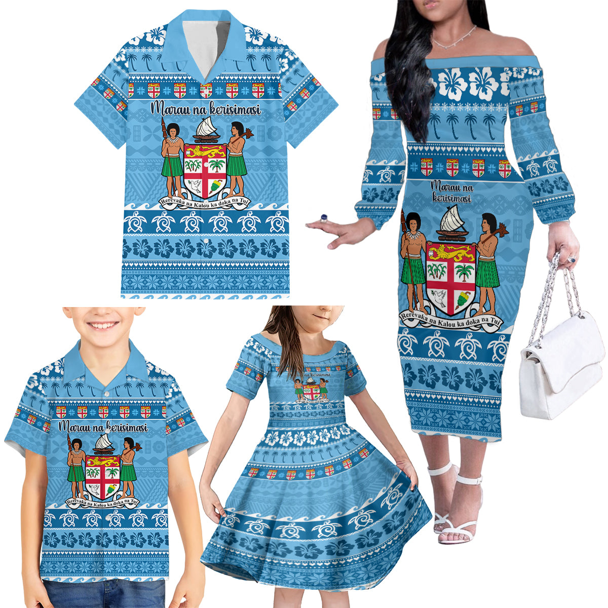 Custom Fiji Christmas Family Matching Off Shoulder Long Sleeve Dress and Hawaiian Shirt Fijian Tapa Marau na Kerisimasi - Wonder Print Shop
