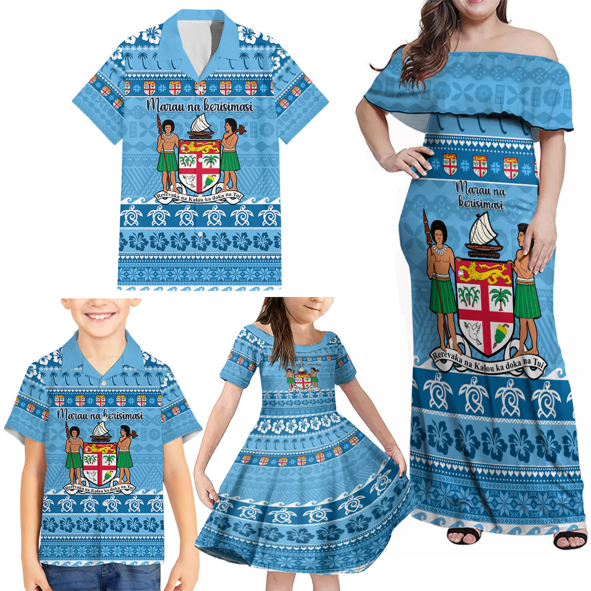 Custom Fiji Christmas Family Matching Off Shoulder Maxi Dress and Hawaiian Shirt Fijian Tapa Marau na Kerisimasi - Wonder Print Shop