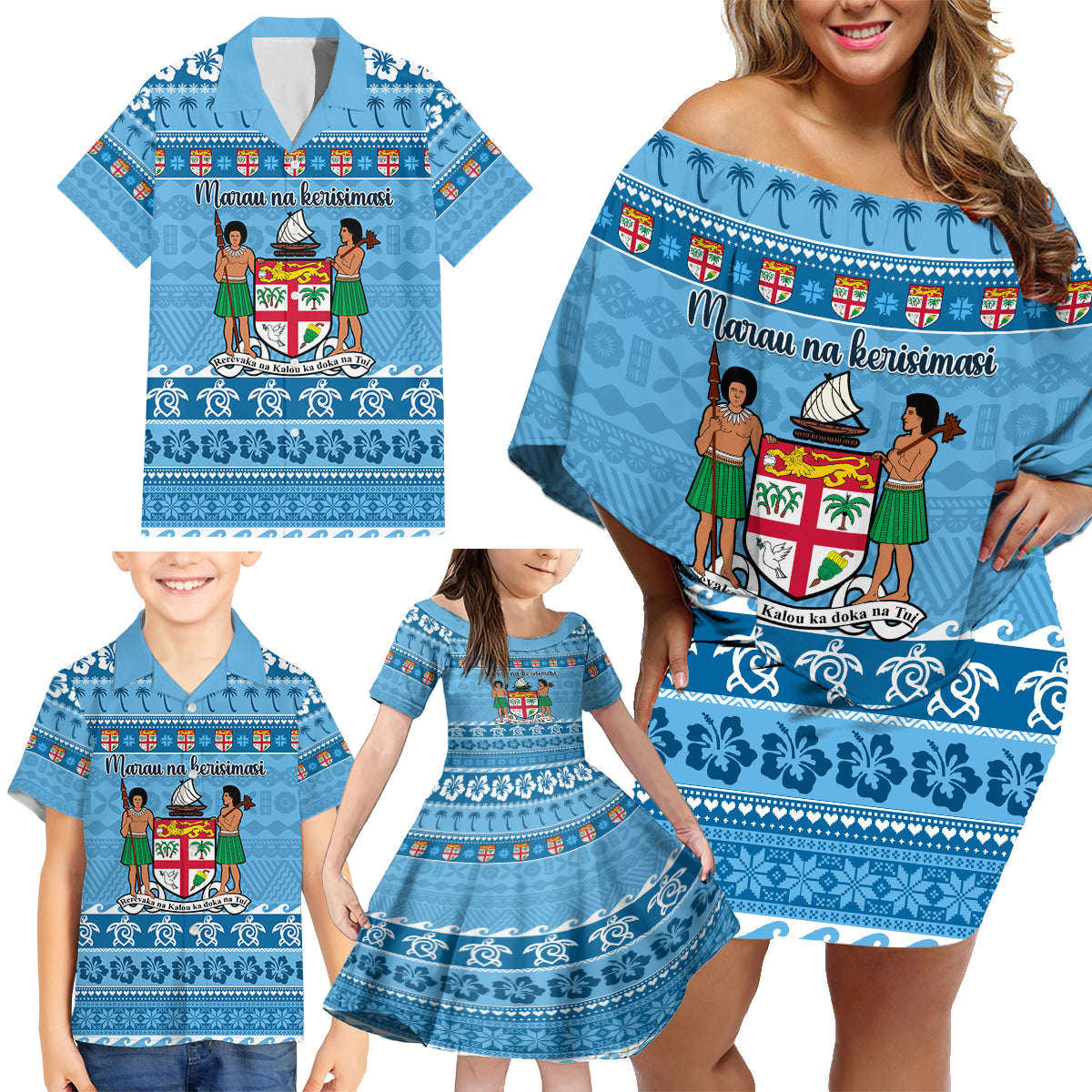 Custom Fiji Christmas Family Matching Off Shoulder Short Dress and Hawaiian Shirt Fijian Tapa Marau na Kerisimasi - Wonder Print Shop
