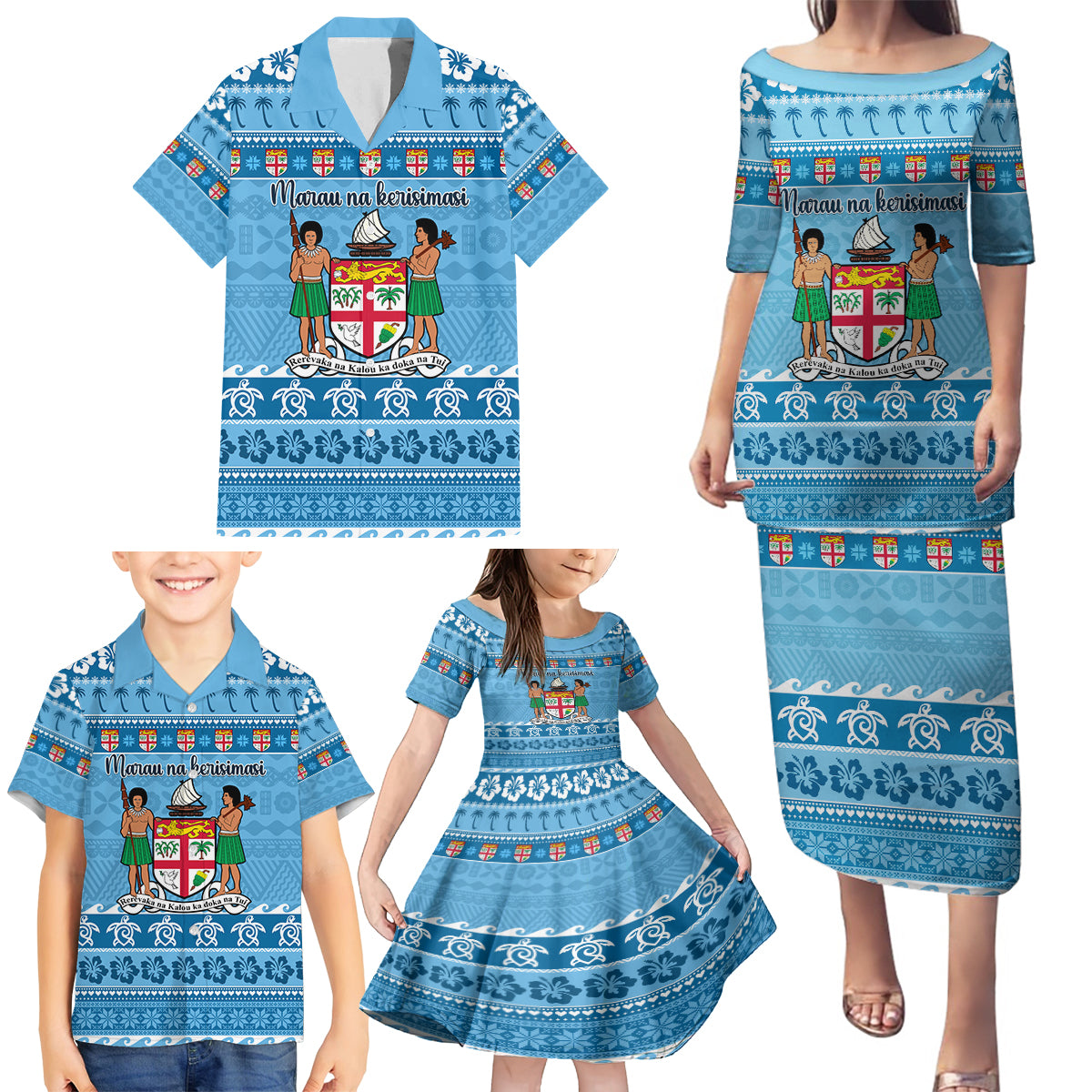 Custom Fiji Christmas Family Matching Puletasi Dress and Hawaiian Shirt Fijian Tapa Marau na Kerisimasi - Wonder Print Shop