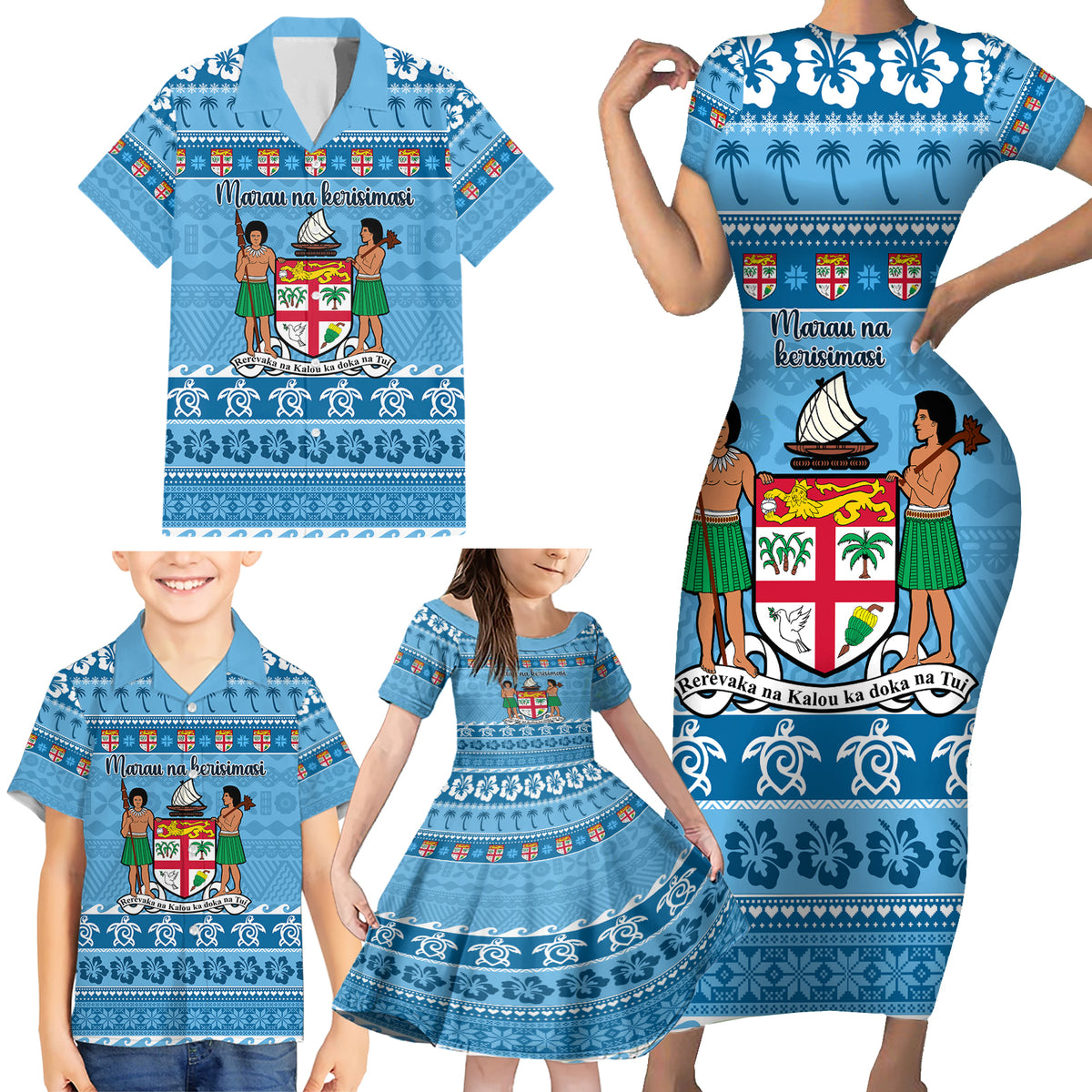 Custom Fiji Christmas Family Matching Short Sleeve Bodycon Dress and Hawaiian Shirt Fijian Tapa Marau na Kerisimasi - Wonder Print Shop