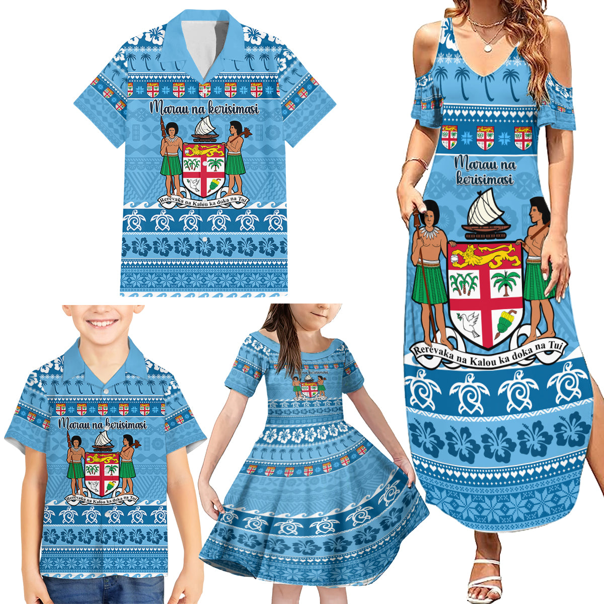 Custom Fiji Christmas Family Matching Summer Maxi Dress and Hawaiian Shirt Fijian Tapa Marau na Kerisimasi - Wonder Print Shop