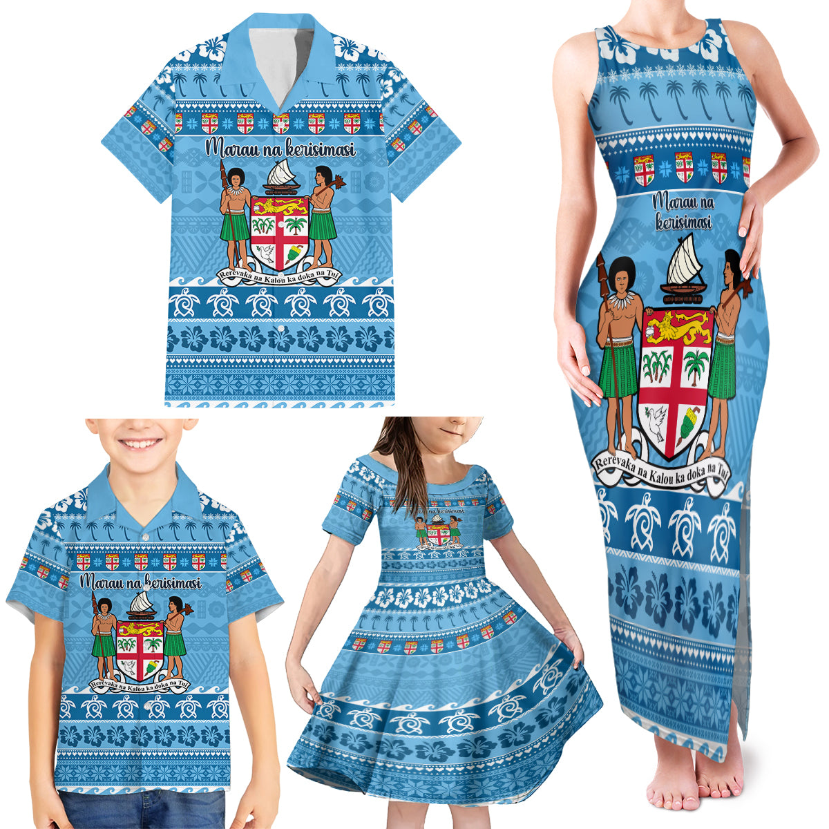 Custom Fiji Christmas Family Matching Tank Maxi Dress and Hawaiian Shirt Fijian Tapa Marau na Kerisimasi - Wonder Print Shop