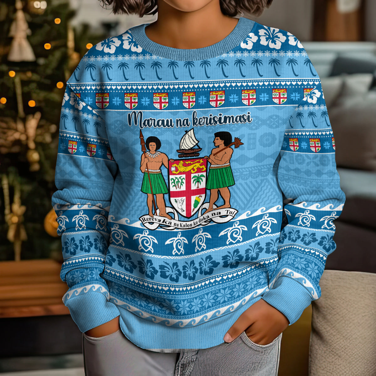 Custom Fiji Christmas Kid Ugly Christmas Sweater Fijian Tapa Marau na Kerisimasi - Wonder Print Shop