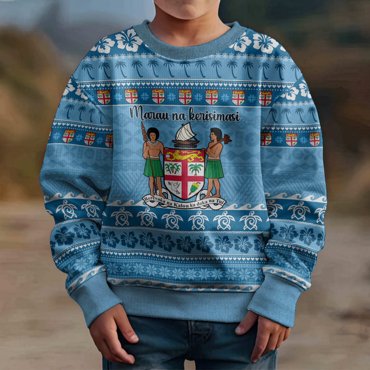 Custom Fiji Christmas Kid Ugly Christmas Sweater Fijian Tapa Marau na Kerisimasi - Wonder Print Shop