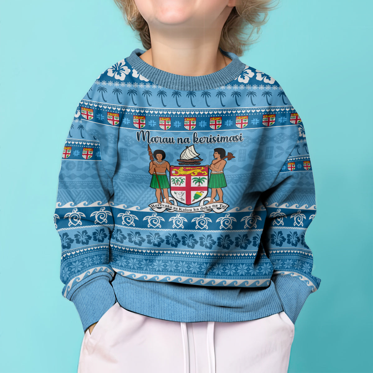 Custom Fiji Christmas Kid Ugly Christmas Sweater Fijian Tapa Marau na Kerisimasi - Wonder Print Shop